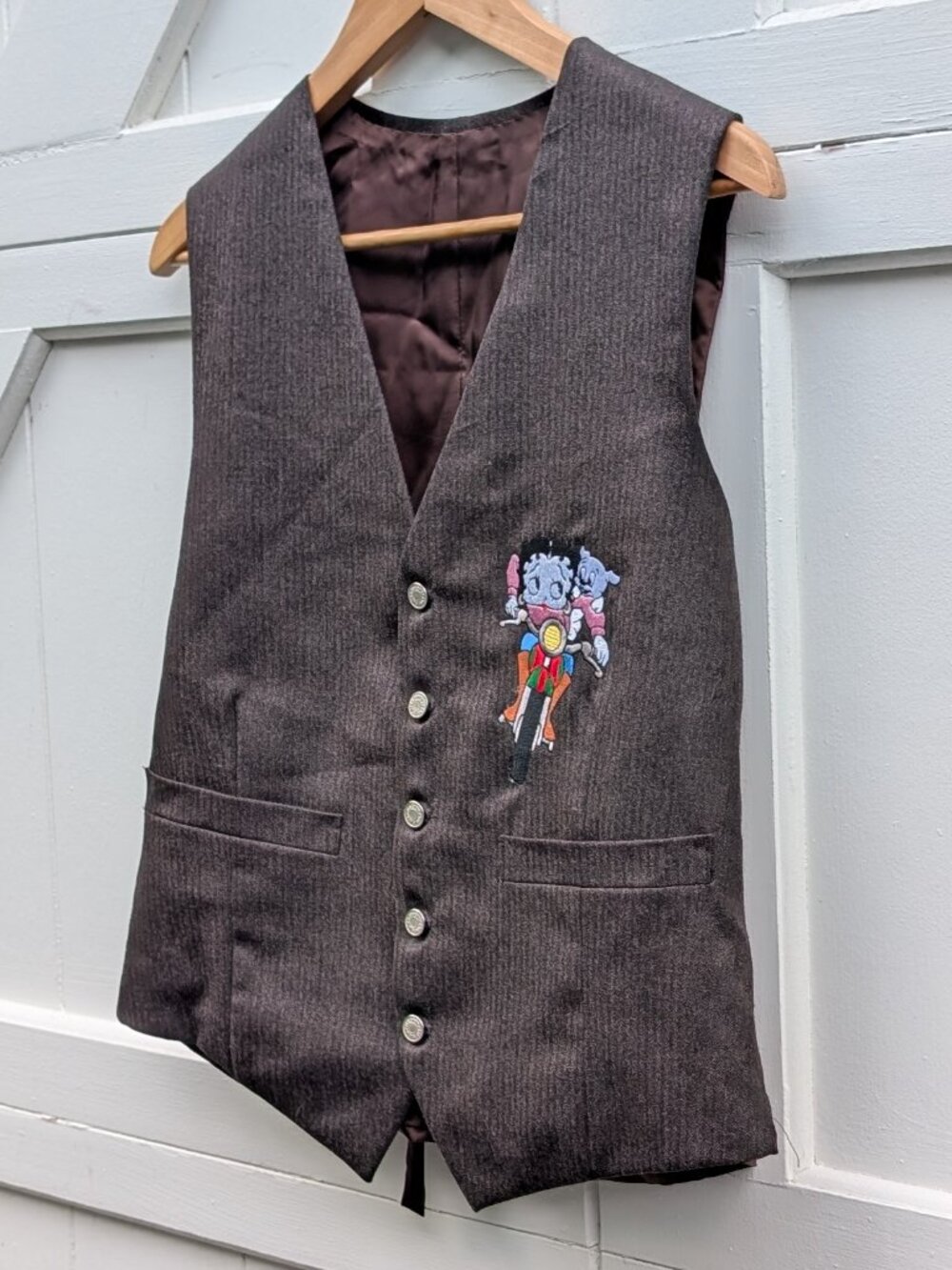 Vintage 1993 Too Cute Betty Boop Biker Brown Herringbone Vest USA Made
